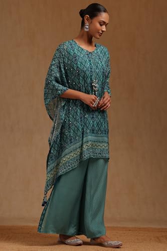 Soch Womens Turquoise Blue Chinon Floral Print Kaftan Suit Faux Mirror And With Sequins