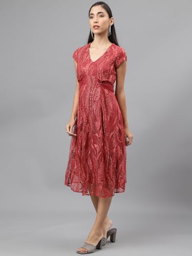 Latin Quarters Women Rose Cap Sleeve V-Neck Women A-Line Dress_M