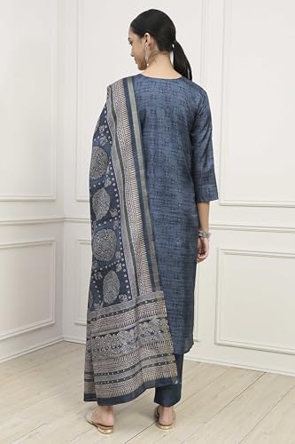 Biba Women Navy Blue Silk Tussar Hand Embroidered Unstitched Suit Set_FREE SIZE