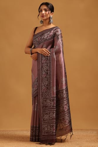 Soch Womens Onion Pink Tussar Kantha Embroidered Saree With Faux Mirror