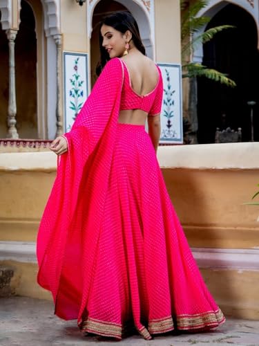 AG Clothing Women's Georgette Semi Stitched Lehenga Choli With Dupatta | Leheriya BAndhani Print And Lace Pattern | Traditional, Wedding,Navratri Ethnic Wear Lehenga (ZC-15049-Pink)