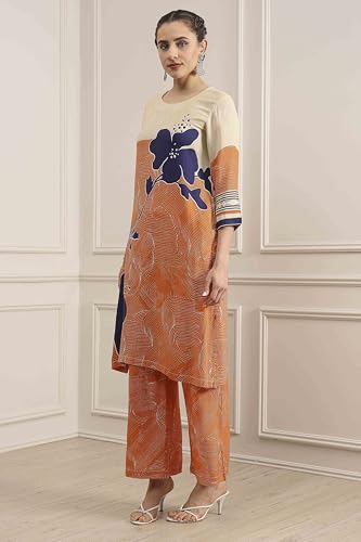 Biba Women Orange Viscose Rayon Straight Printed Fusion Set_38