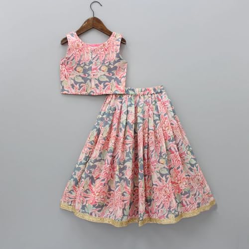 Leons Fab Girls Grey & Pink Floral Print Lehenga Choli Set | Kids Traditional Ethnic Wear | Sleeveless Ghagra Choli with Net Dupatta for Festival & Party (Multicolor, 3-4 Years)