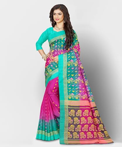 Mayabi Women's Bengali Tant Banarasi Saree with Zari Work and without Blouse Piece - Rani Pink
