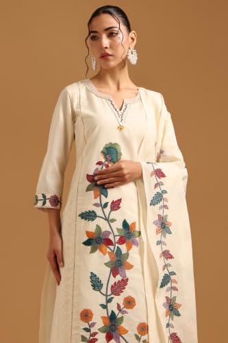 Soch Womens Off White Cotton Botanical Salwar Suit With Thread Work