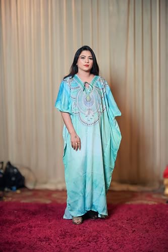 CURVSHAPE Crepe Digital Print Long Green Kaftan ; Freesize zz-110
