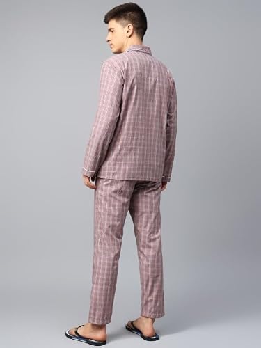 English Navy Men Checked Night Suit Mauve M, Machine Washable Easy Care Fabric, Soft Breathable Fabric for a restful Night, Gentle on Skin for All Night Comfort