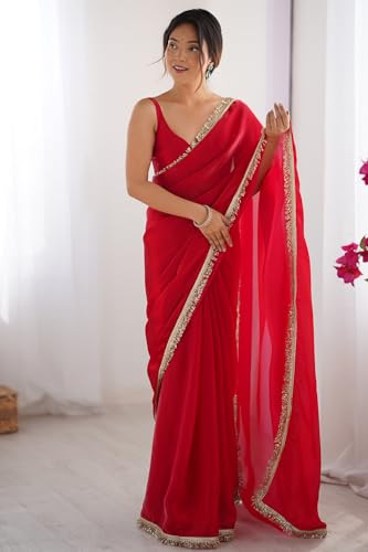 SGF11 Women's Fandy Satin Soft Silk and Sequence Handwork Lace Border Saree With Unstiched Blouse Piece (Pink)