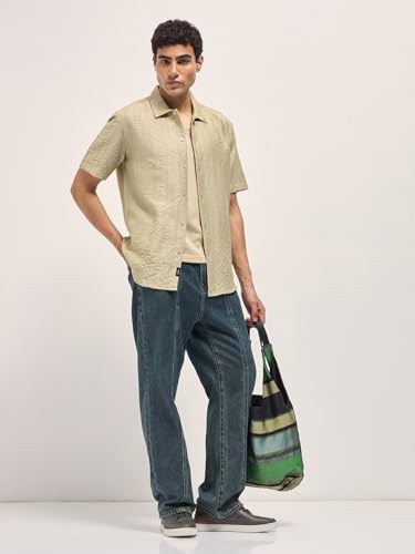 THE BEAR HOUSE Men's Textured Regular Fit Casual Shirt Beige