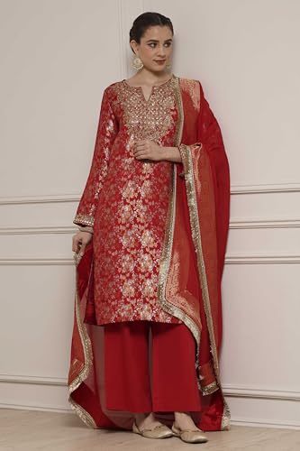 Biba Women Red Viscose Rayon Straight Yarndyed Suit Set_34