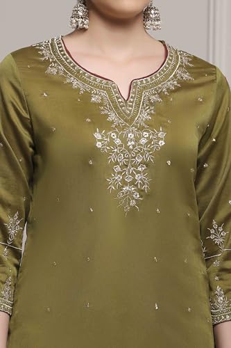 Biba Women Mehndi Green Cotton Silk Straight Suit Set_38
