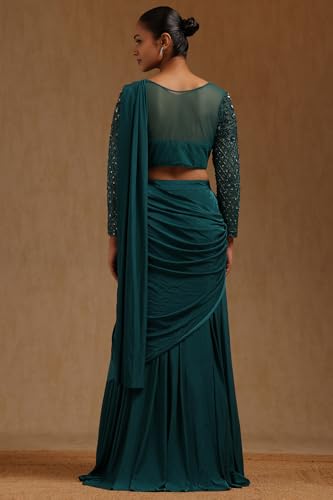 Soch Womens Teal Green Spandex Solid Ready To Wear Saree