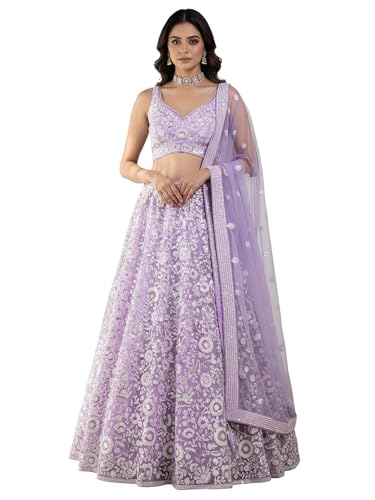 Zeel Clothing Women's Sequins Embroidered Soft Net Designer Lehenga Choli with Dupatta (5126-Lavender-Womens-New-Lehenga-Choli; Free Size) (Lavender)