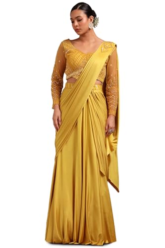 Soch Womens Yellow Nylon Blend Solid Ready To Wear Saree With Beads And Stones