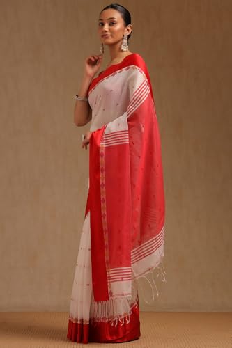 Soch Womens White Cotton Woven Design Saree