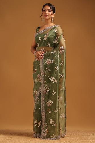 Soch Womens Green Organza Floral Saree With Stone Work