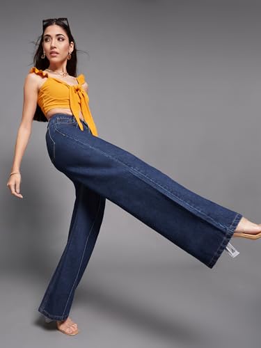 Miss Chase Women's Wide-Leg High-Rise Regular-Length Non-Stretchable Denim Jeans (MCSS18DEN02-19-963-30, Carbon Blue, 30)