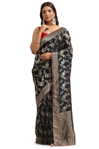 Soch Womens Black Satin Botanical Zari Woven Saree