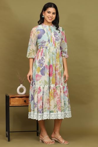 W for Woman White Floral Printed Tiered Chiffon Dress with Lace Detail (Size: M)-W12410-125443