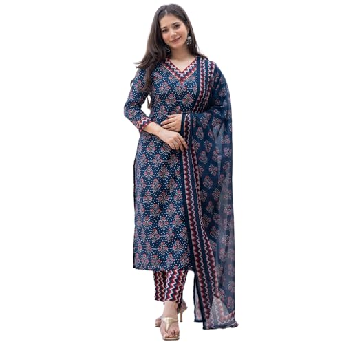 SHIENZY Cotton Blend V Neck Kurta Pant Set with Dupatta for Women | Women Kurta Pant Sets with Dupatta (1613_KBD-S)