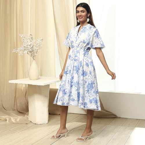 BIBA Women's Cotton Midi Dress (BLPOT3025SS25OWHTBLU_Off-White-Blue