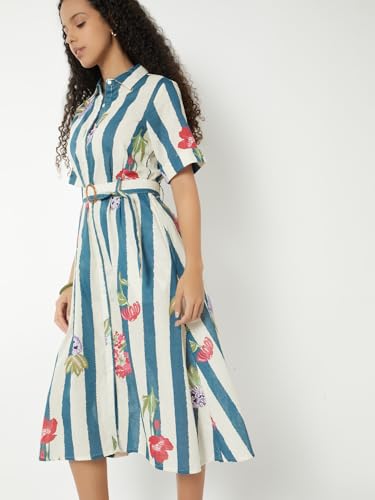 Max Women Printed Belted A-line Shirt Dress(White_L)