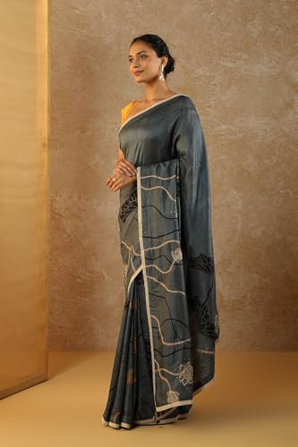 Taneira Women Blue Pure Silk Hand Painted Saree with Unstitched Blouse Piece (SHH08D00041-Blue)