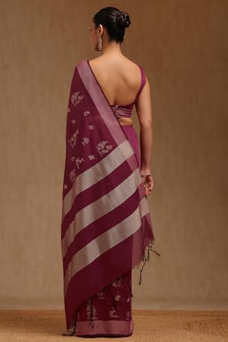 Soch Womens Wine Chanderi Warli Saree With Thread Work