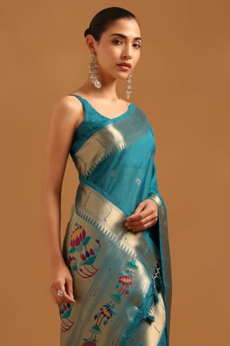 Soch Womens Teal Tussar Brocade Zari Woven Saree