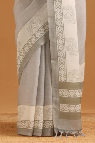 Soch Womens Grey Linen Ethnic Motifs Printed Saree