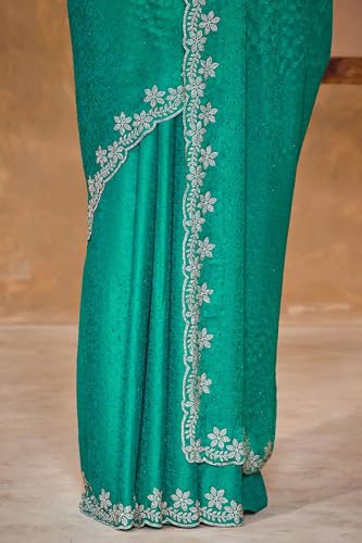 Soch Womens Teal Green Fendy Georgette Woven Design Saree With Stone Work