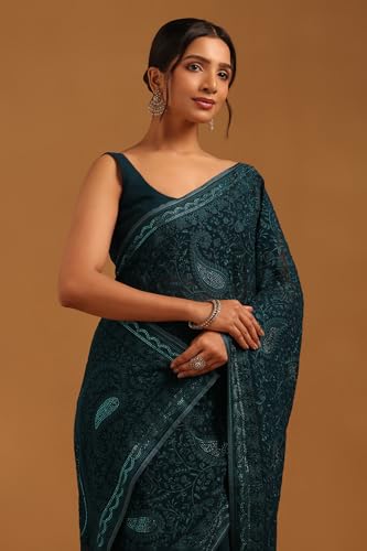 Soch Womens Blue Georgette Paisley Print Saree With Stone Work