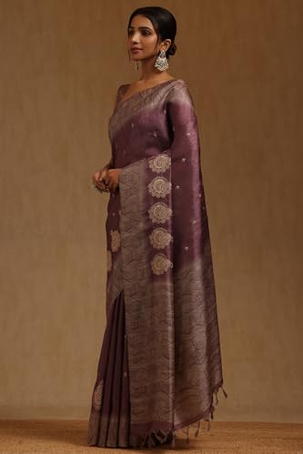 Soch Womens Purple Tussar Embroidered Saree