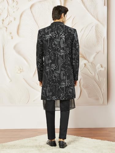 VASTRAMAY Men's Black Organza Indo Western, Kurta, Pant Set, Allover Embroidered Sherwani,Kurta And Pyjama Set For Men's, Traditional Indian Wear for Weddings & Festivals