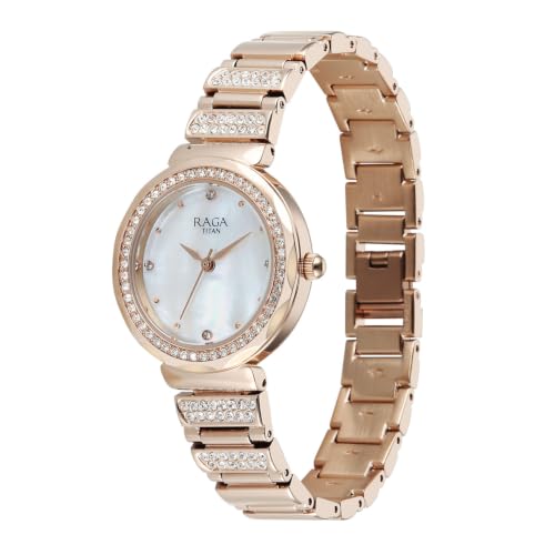 Titan Raga Spotlight 2.0 Quartz Analog 3Hands Display White Mother of Pearl Dial Rose Gold Color Strap Watch for Women - 95419WM01