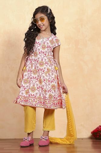 BIBA Girl's White Cotton Flared Printed Suit Set
