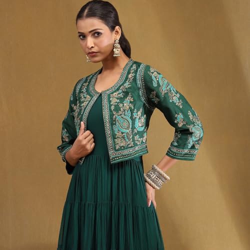 Biba Women Emerald Green Silk Festive Tiered Anarkali Dress_34