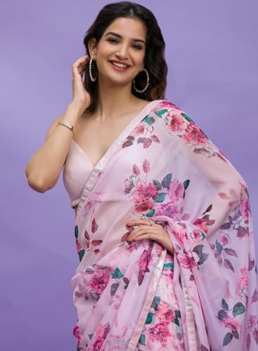 Panzora Women's Chinon Digital Printed Saree With Unstithced Blouse Piece
