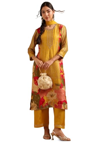 Soch Womens Mustard Dola Silk Botanical Printed Salwar Suit With Beads And Stones