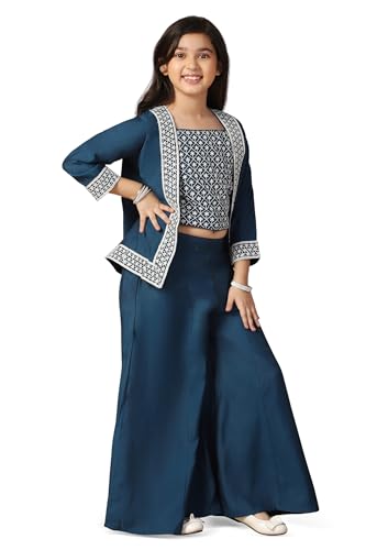 Jwalin Girls Silk Blend Embroidered Salwar Suit Set|Ethnic Set for Girls (JWGSET00236 BLU 24_Blue_5-6 Years)