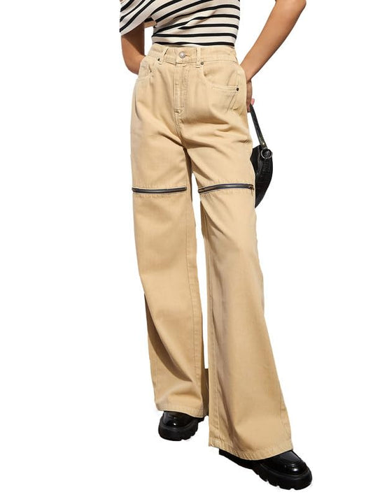 Beige Zipper Design Baggy Jeans