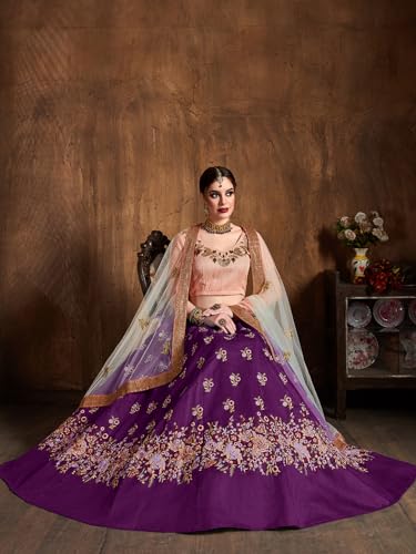 Zeel Clothing Women's Sequins Resham Thread Embroidery Raw Silk New Semi Stitched Lehenga Choli With Dupatta (7013-Purple-Wedding-Stylish-Lehenga-Choli; Free Size)