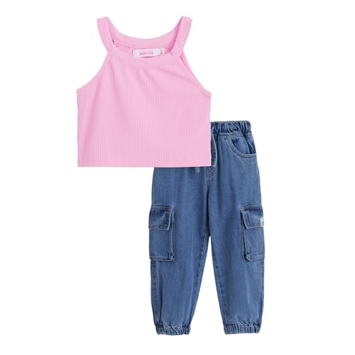 Hopscotch Girls Pink Sleeveless 2-Pc Cotton Halter Neck T-Shirt And Jeans For Ages(4-5 Years)