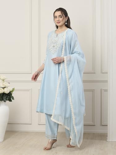 BIBA Women Blue Silk Chanderi Kalidar Suit Set_32