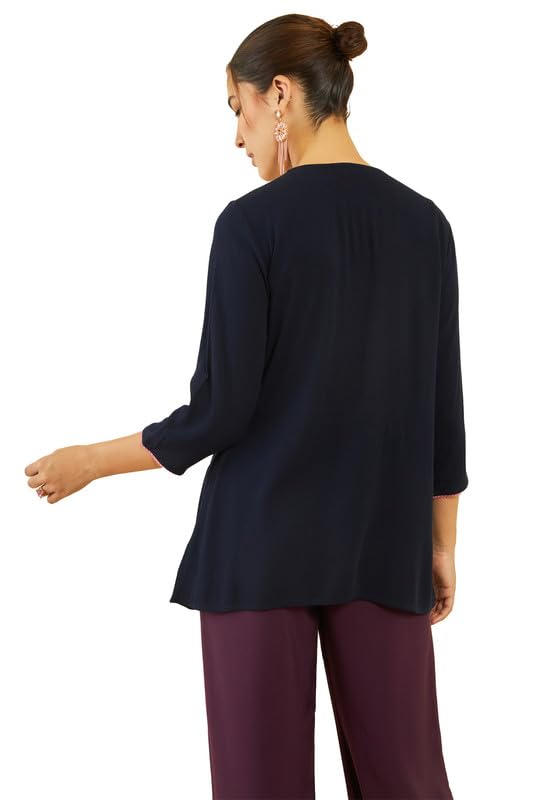 Soch Womens Navy Blue Crepe Floral ThreadWork Embroidered Round-Neck Tunic