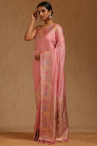 Soch Womens Pink Silk Blend Zari Woven Saree With Zari Woven