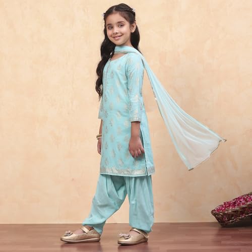 Biba Girls Printed Straight Cotton Kid (Kw2953_Turquoise_13, Suit Set)