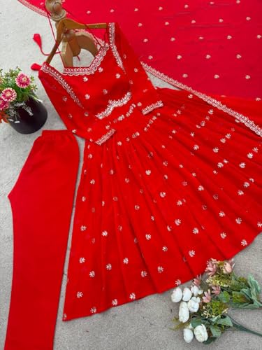 SAMUYA Elegant Red Anarkali Dress with Silver Embroidery, Traditional Indian Wedding Gown, Floor Length Ethnic Wear with Dupatta (in, Alpha, 2XL, Regular)