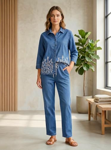 ESSVANE Denim Co Ord Set for Women || Denim Jacket and Pant Set || Embroidered Co Ord Set with Crop Jacket and Pants With Pockets (Mid Blue, M - 30 Waist)