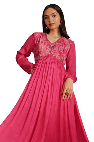 Soch Womens Fuchsia Chinon Floral Print Dress with Beads